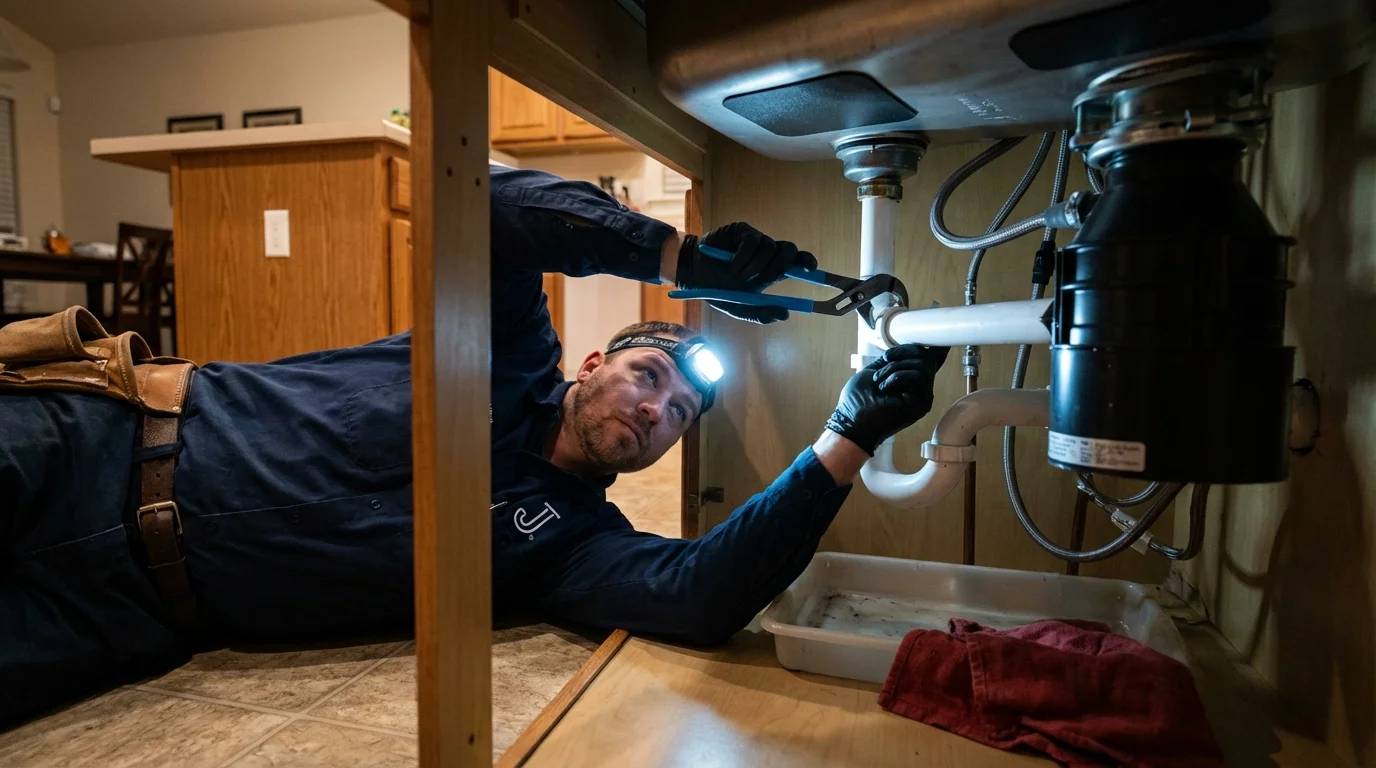 P-trap and supply line connections under a kitchen sink showing a common leak point in Bedford, VA